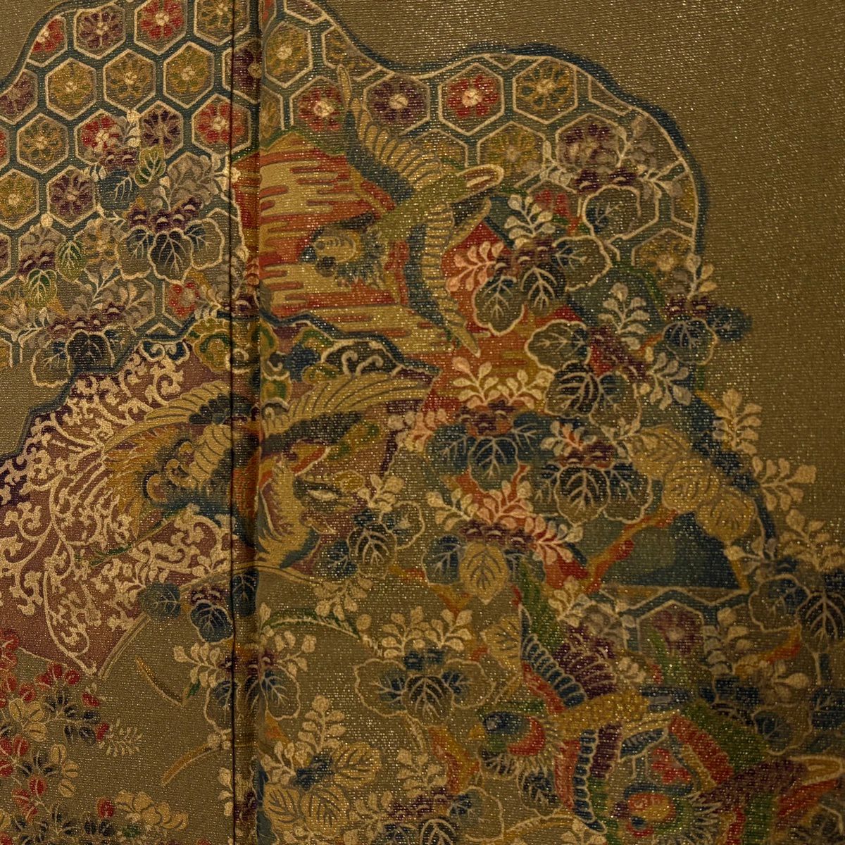 訪問服 身長155.5cm 袖長65cm M 雙層 道長取 花鳥 金通し 金銀彩 茶綠 純蠶絲 秀品級 一つ紋