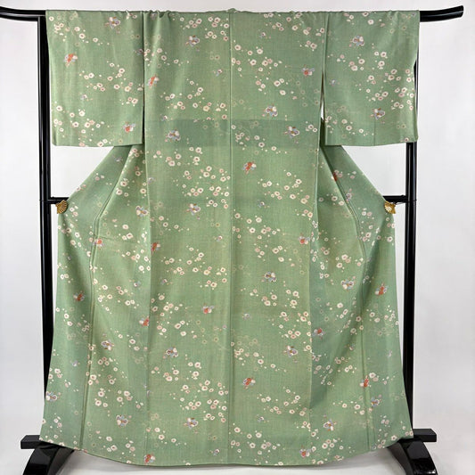 小紋 身長164.5cm 袖長67.5cm L 雙層 椿 枝梅花 金銀彩 淺綠 純蠶絲 秀品級