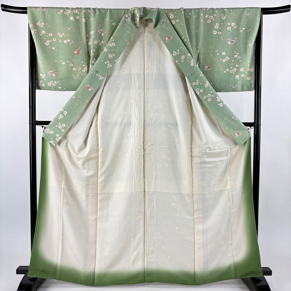 小紋 身長164.5cm 袖長67.5cm L 雙層 椿 枝梅花 金銀彩 淺綠 純蠶絲 秀品級