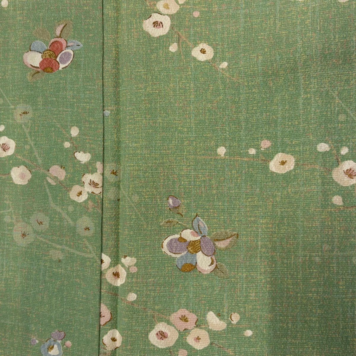 小紋 身長164.5cm 袖長67.5cm L 雙層 椿 枝梅花 金銀彩 淺綠 純蠶絲 秀品級