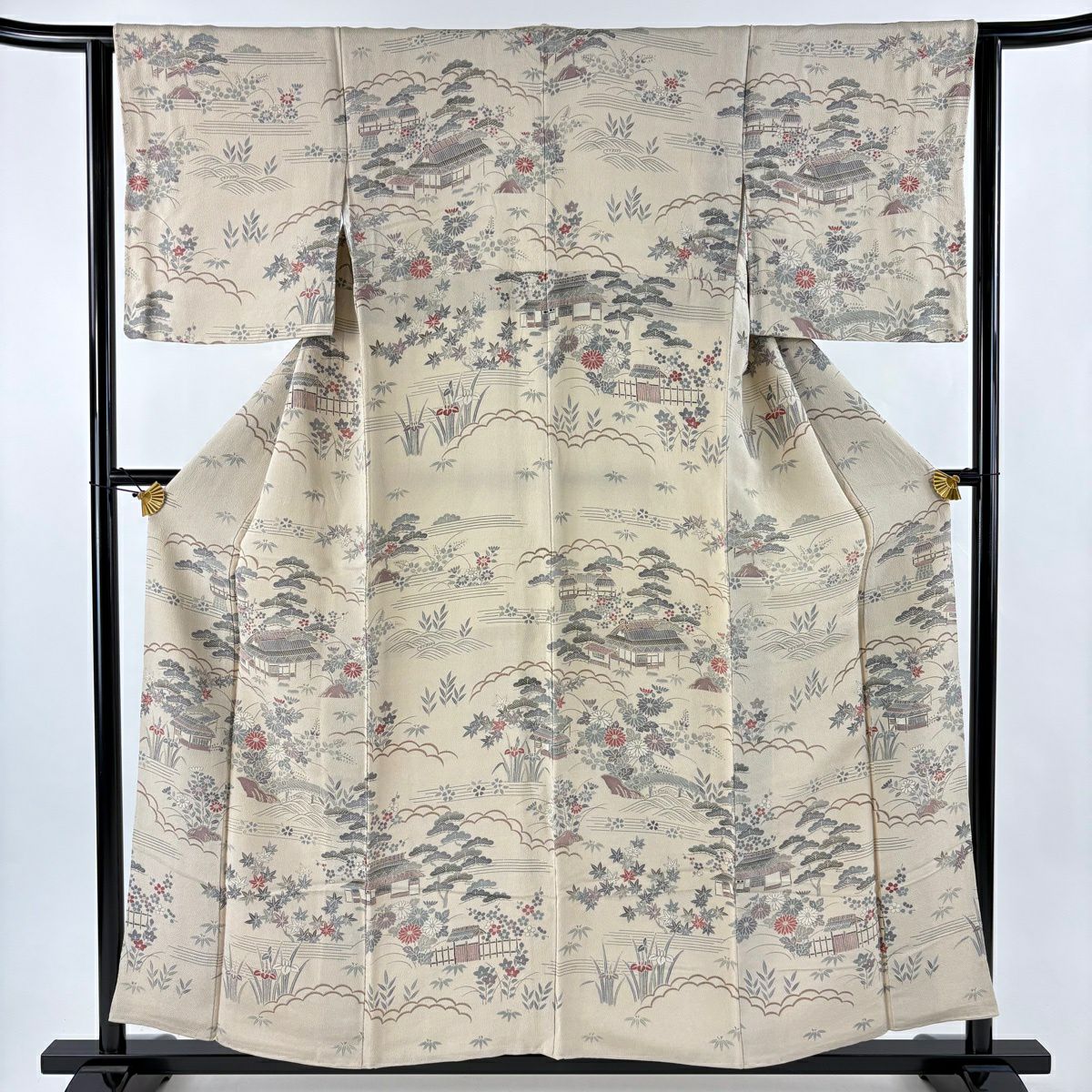 訪問服 身長155.5cm 袖長62cm S 雙層 家屋 松樹竹子梅花 縮緬 米色 純蠶絲 秀品級