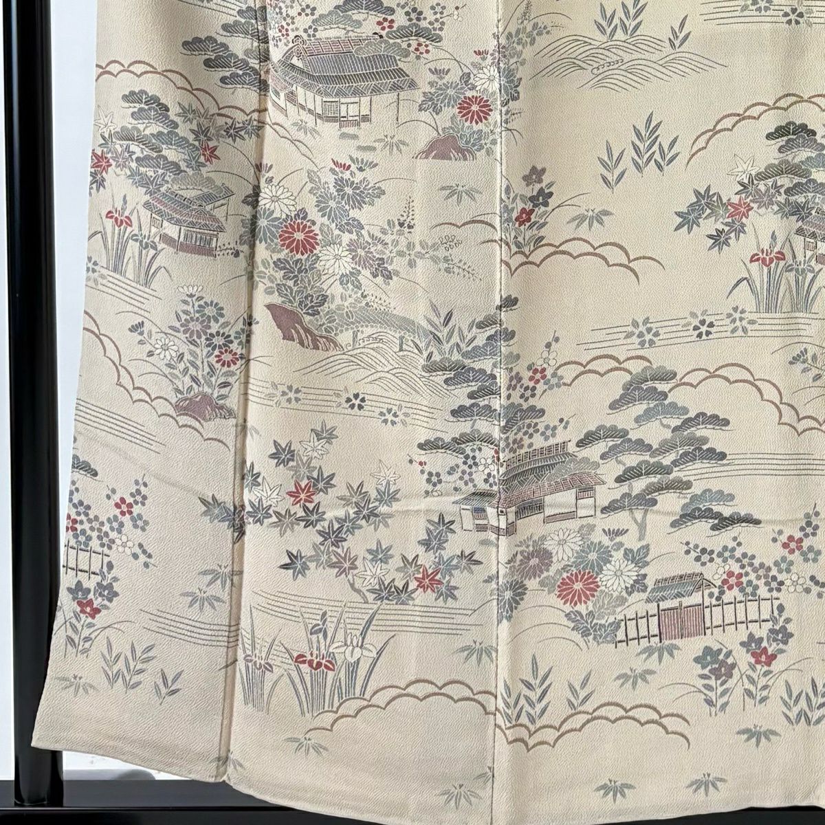 訪問服 身長155.5cm 袖長62cm S 雙層 家屋 松樹竹子梅花 縮緬 米色 純蠶絲 秀品級