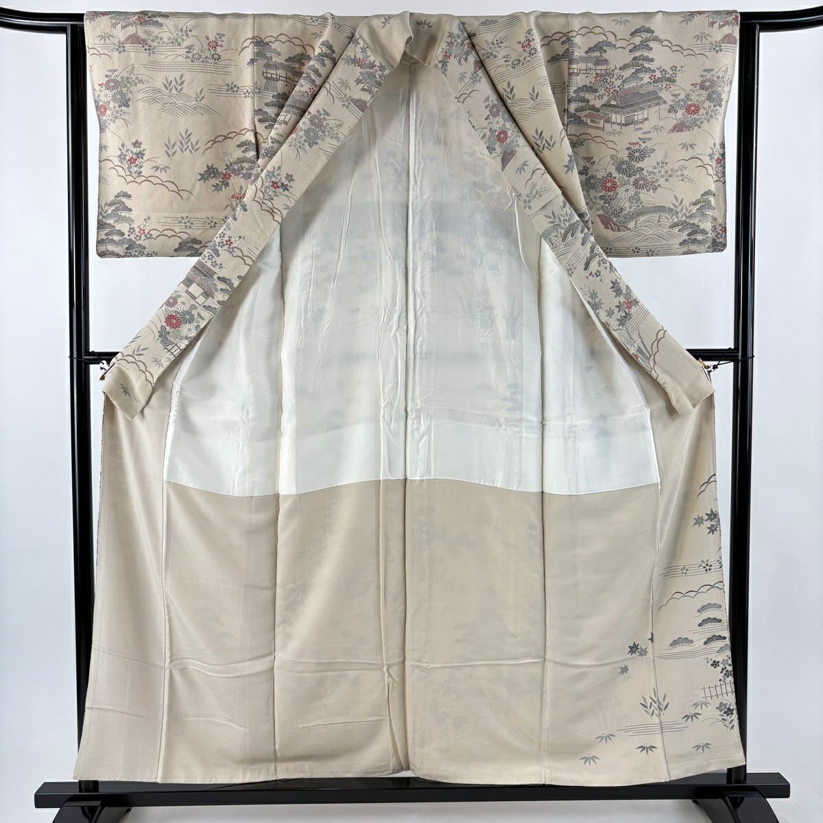 訪問服 身長155.5cm 袖長62cm S 雙層 家屋 松樹竹子梅花 縮緬 米色 純蠶絲 秀品級