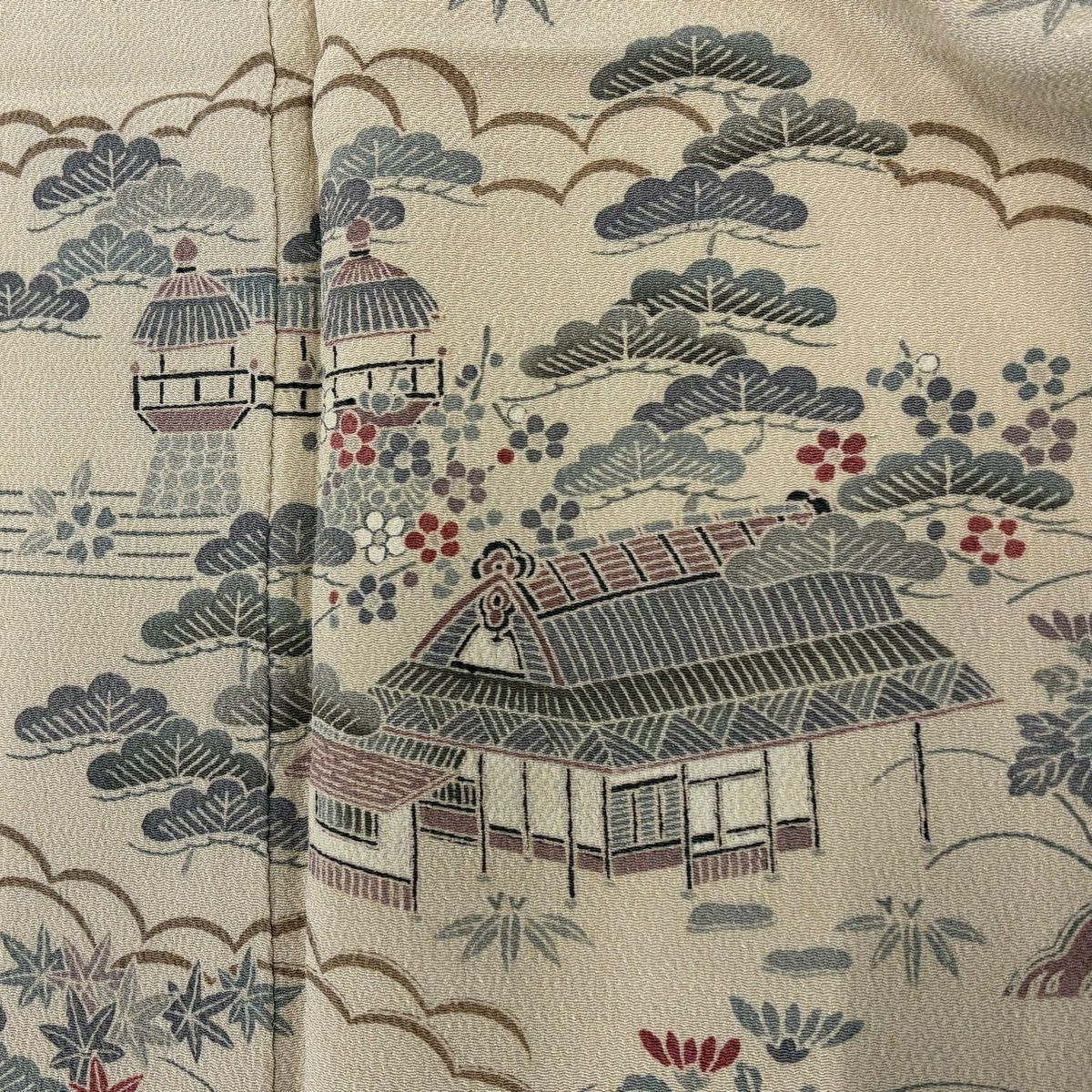 訪問服 身長155.5cm 袖長62cm S 雙層 家屋 松樹竹子梅花 縮緬 米色 純蠶絲 秀品級