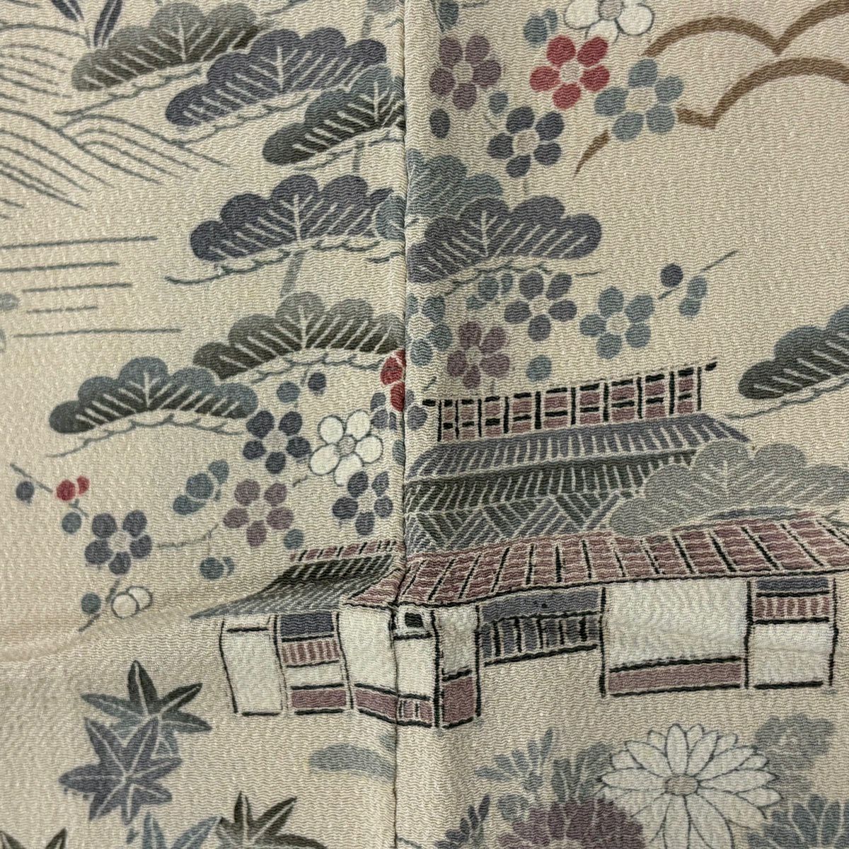 訪問服 身長155.5cm 袖長62cm S 雙層 家屋 松樹竹子梅花 縮緬 米色 純蠶絲 秀品級