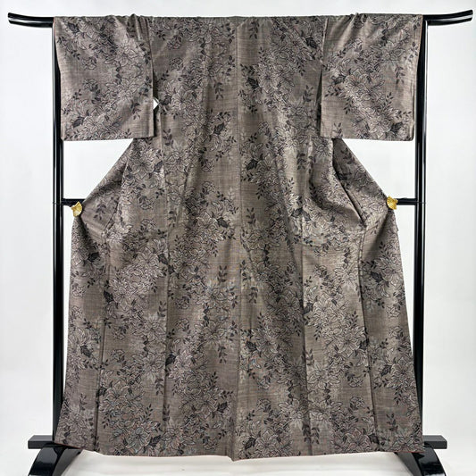 【美品】 紬織 身長162.5cm 袖長67cm M 雙層 草花紋 茶 純蠶絲 秀品級