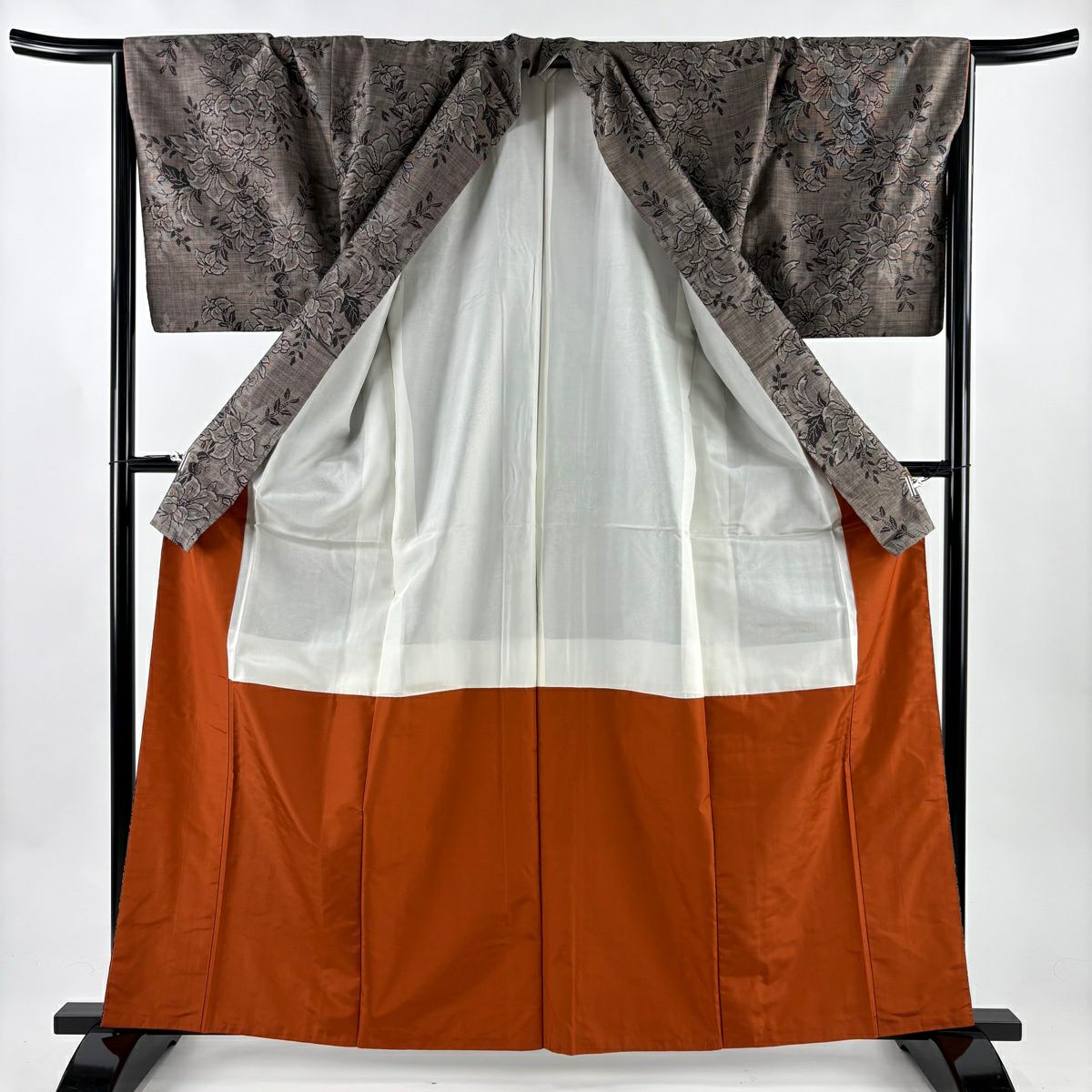 【美品】 紬織 身長162.5cm 袖長67cm M 雙層 草花紋 茶 純蠶絲 秀品級