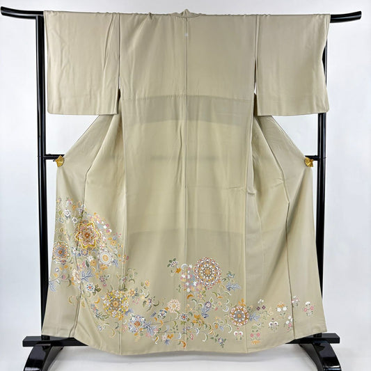 色留袖禮服 身長160cm 袖長67cm M 雙層 華紋 梅花 金絲 金銀彩 米色 純蠶絲 秀品級 一個紋
