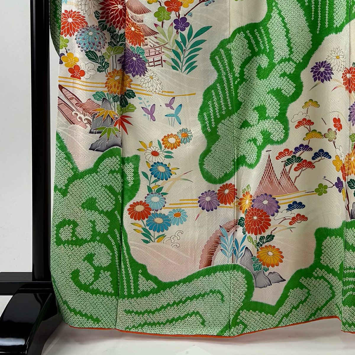振袖禮服 身長167cm 袖長64.5cm M 雙層 菊花 建物 絞染 金線 黃綠 純蠶絲 秀品級