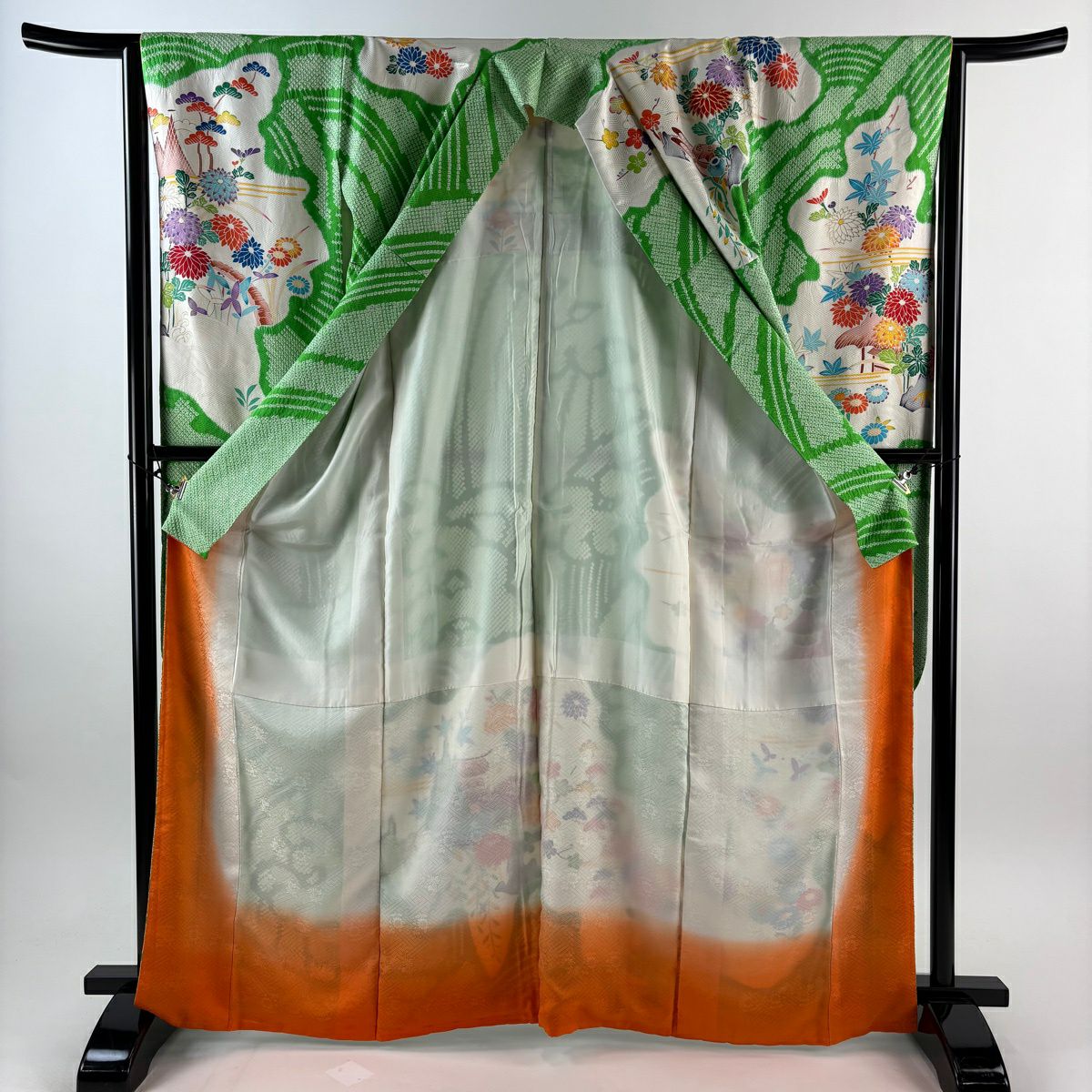振袖禮服 身長167cm 袖長64.5cm M 雙層 菊花 建物 絞染 金線 黃綠 純蠶絲 秀品級