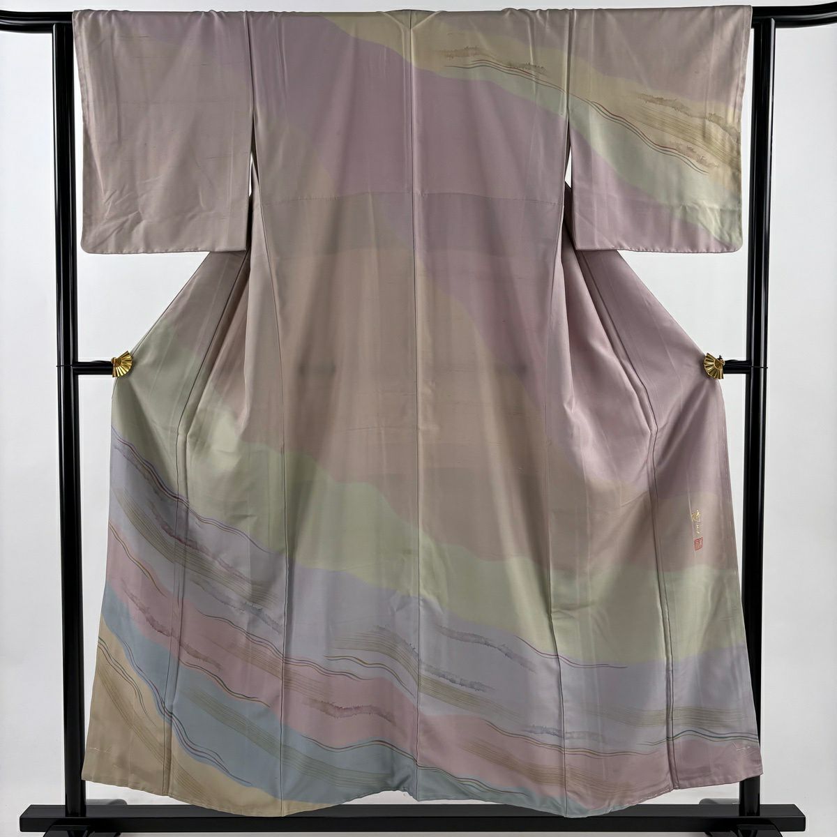 【美品】訪問服 身長155cm 袖長62cm S 雙層 紬織織 落款あり 幾何學圖案 染分 薄小豆 純蠶絲 秀品級