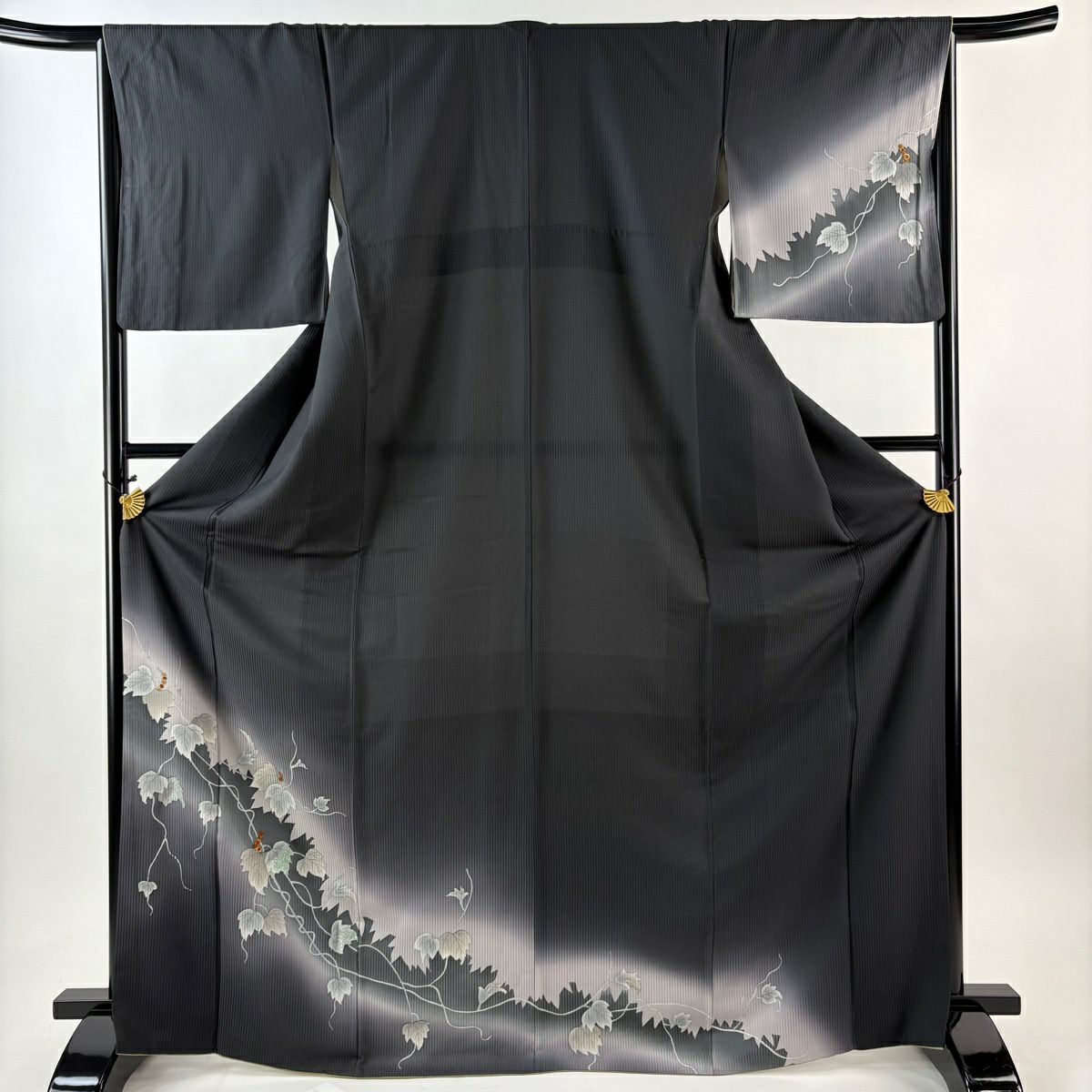 訪問服 身長170cm 袖長65.5cm M 雙層 葉與果實 輪廓 金銀彩 漸層 黑灰 純蠶絲 優品級
