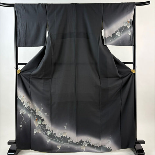 訪問服 身長170cm 袖長65.5cm M 雙層 葉與果實 輪廓 金銀彩 漸層 黑灰 純蠶絲 優品級