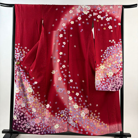【美品】振袖禮服 身長157cm 袖長63cm S 雙層 秋櫻 櫻花 金絲 金銀彩 紅 純蠶絲 秀品級