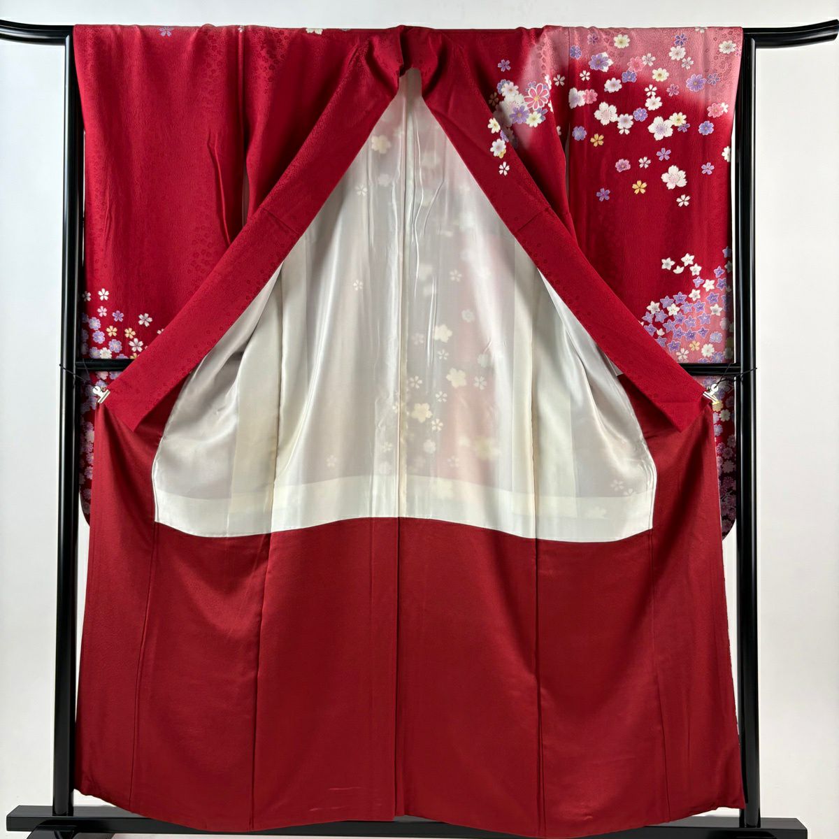 【美品】振袖禮服 身長157cm 袖長63cm S 雙層 秋櫻 櫻花 金絲 金銀彩 紅 純蠶絲 秀品級