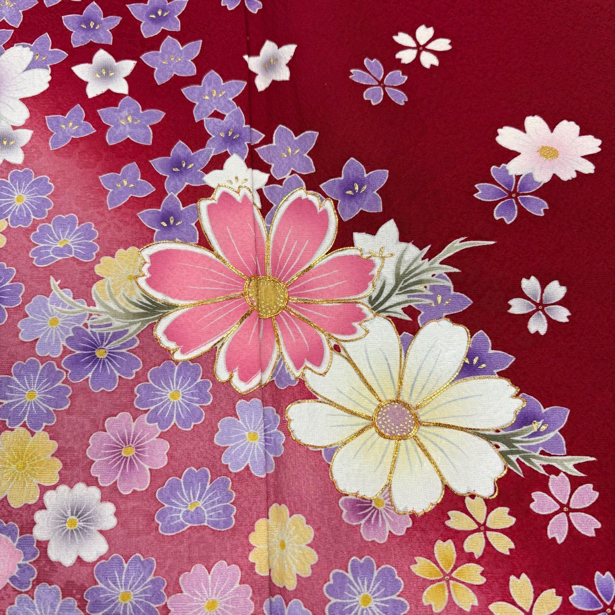 【美品】振袖禮服 身長157cm 袖長63cm S 雙層 秋櫻 櫻花 金絲 金銀彩 紅 純蠶絲 秀品級