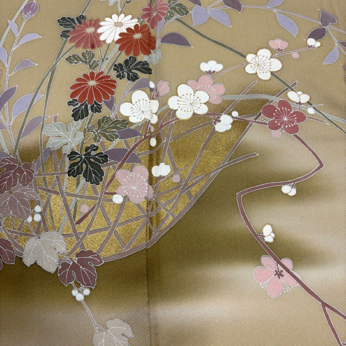 訪問服 身長157cm 袖長66.5cm M 雙層 枝梅花 菊花 金銀彩 漸層 米色 純蠶絲 優品級