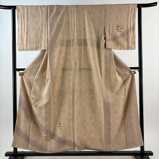 付下 身長155.5cm 袖長63cm S 雙層 草花紋紋 刺繡 金彩裝飾 粉米色 純蠶絲 優品級
