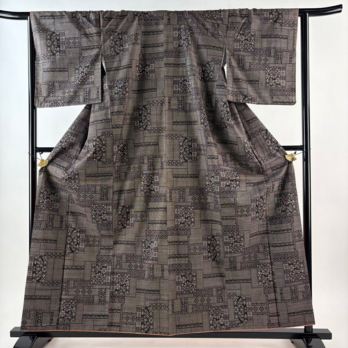 【美品】 紬織 身長158cm 袖長64.5cm M 雙層 色紙 草花紋紋 焦茶 純蠶絲 秀品級