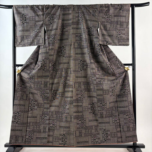 【美品】 紬織 身長158cm 袖長64.5cm M 雙層 色紙 草花紋紋 焦茶 純蠶絲 秀品級