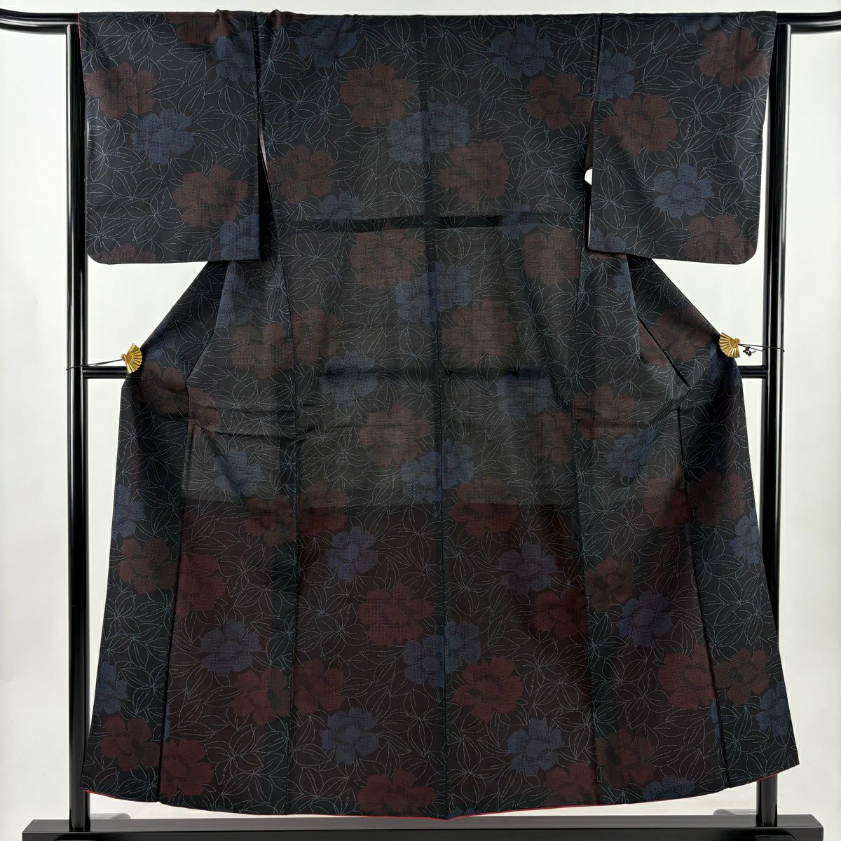 【美品】 紬織 身長153.5cm 袖長64cm M 雙層 草花紋紋 黑 純蠶絲 秀品級