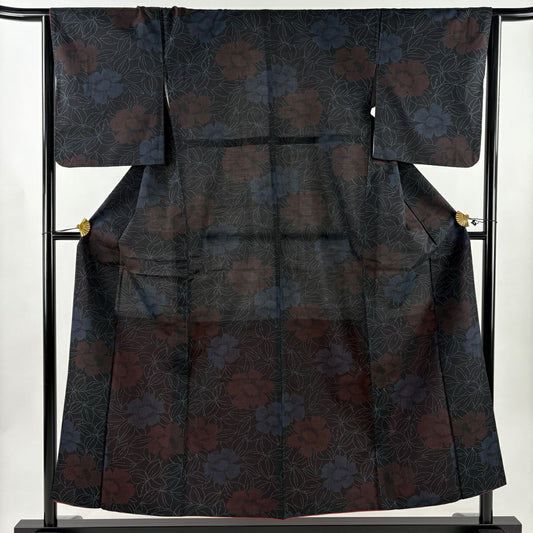 【美品】 紬織 身長153.5cm 袖長64cm M 雙層 草花紋紋 黑 純蠶絲 秀品級