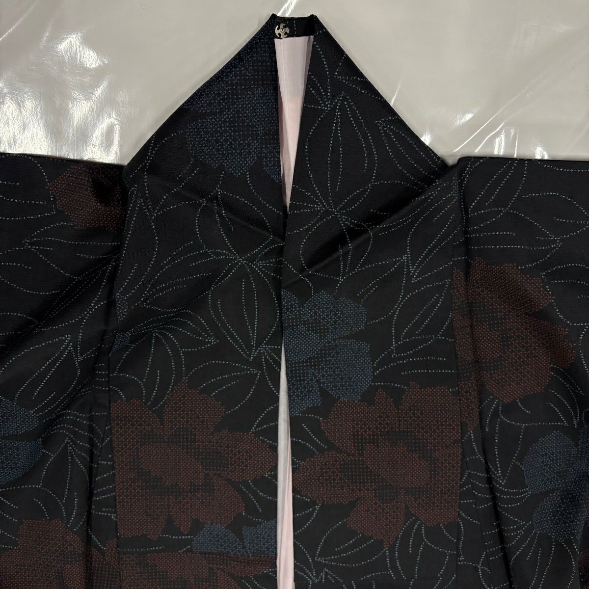 【美品】 紬織 身長153.5cm 袖長64cm M 雙層 草花紋紋 黑 純蠶絲 秀品級