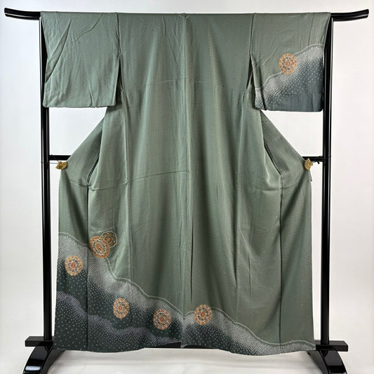 【美品】訪問服 身長158cm 袖長66.5cm M 雙層 華紋 草花紋紋 刺繡 灰綠 純蠶絲 秀品級