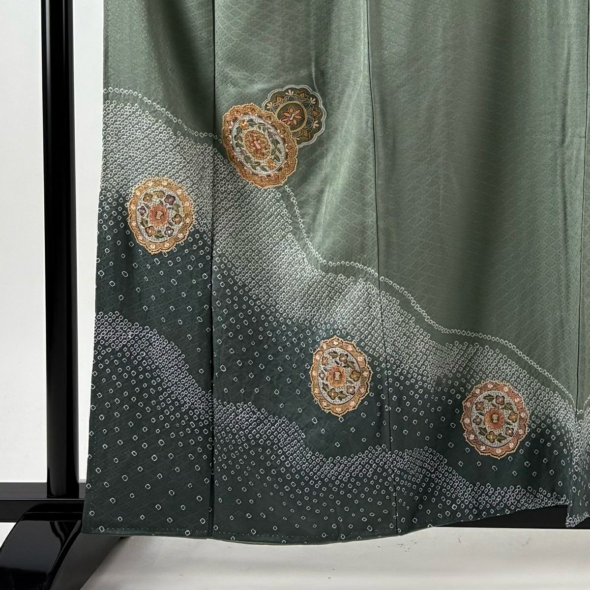【美品】訪問服 身長158cm 袖長66.5cm M 雙層 華紋 草花紋紋 刺繡 灰綠 純蠶絲 秀品級