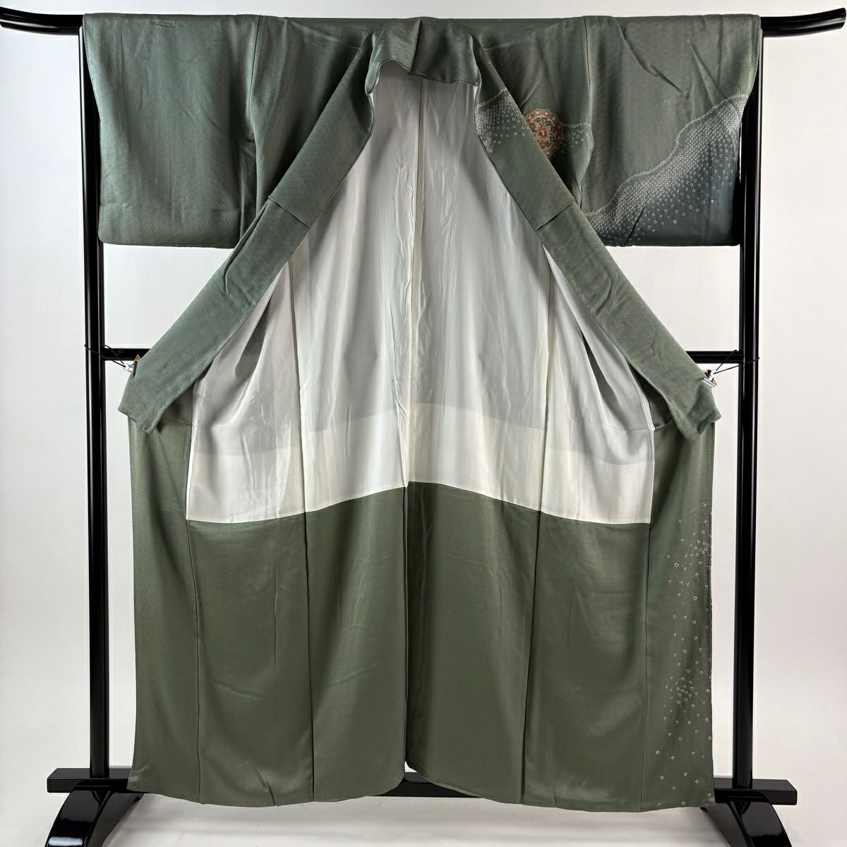 【美品】訪問服 身長158cm 袖長66.5cm M 雙層 華紋 草花紋紋 刺繡 灰綠 純蠶絲 秀品級