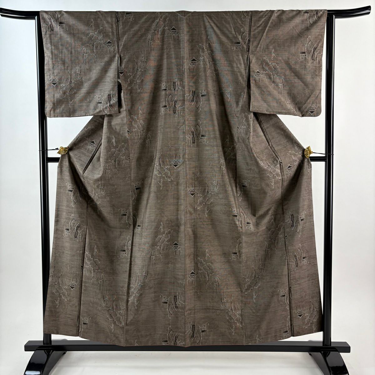 【美品】 紬織 身長156.5cm 袖長64cm M 雙層 建物 樹木 焦茶 純蠶絲 秀品級