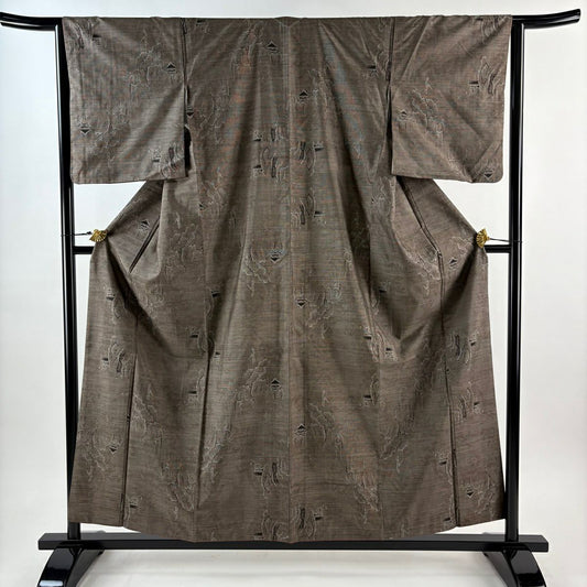 【美品】 紬織 身長156.5cm 袖長64cm M 雙層 建物 樹木 焦茶 純蠶絲 秀品級