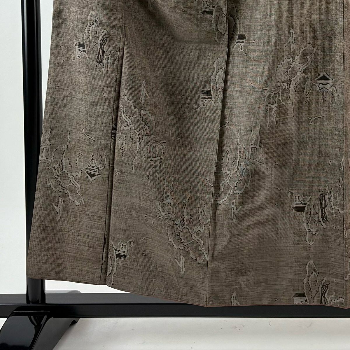 【美品】 紬織 身長156.5cm 袖長64cm M 雙層 建物 樹木 焦茶 純蠶絲 秀品級