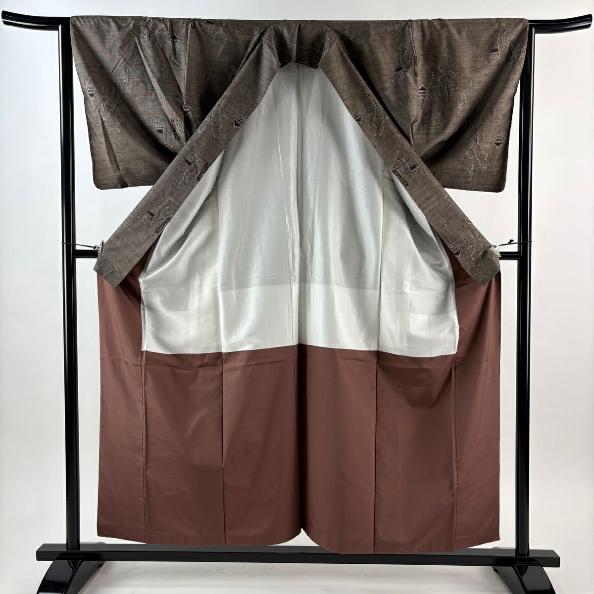 【美品】 紬織 身長156.5cm 袖長64cm M 雙層 建物 樹木 焦茶 純蠶絲 秀品級