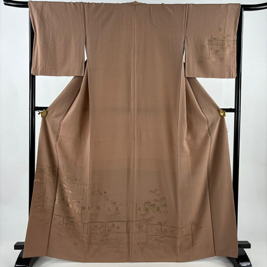 【美品】 付下 身長165.5cm 袖長66cm M 雙層 大名行列 松樹竹子梅花 刺繡 金線 粉米色 純蠶絲 秀品級