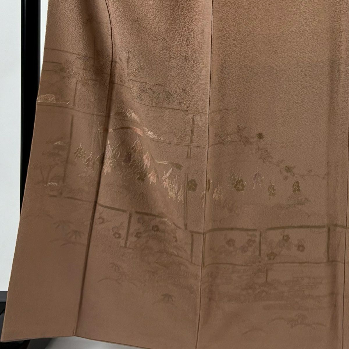 【美品】 付下 身長165.5cm 袖長66cm M 雙層 大名行列 松樹竹子梅花 刺繡 金線 粉米色 純蠶絲 秀品級