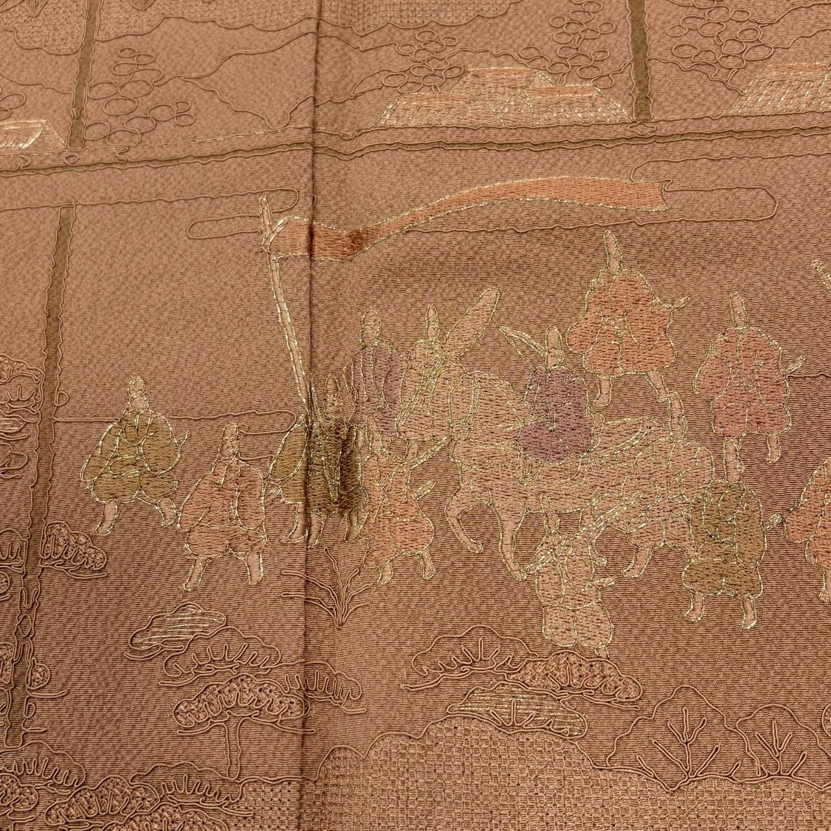 【美品】 付下 身長165.5cm 袖長66cm M 雙層 大名行列 松樹竹子梅花 刺繡 金線 粉米色 純蠶絲 秀品級