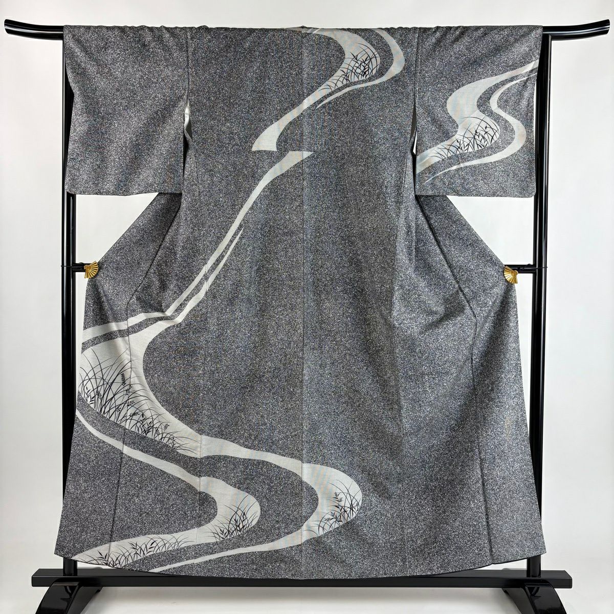 【美品】訪問服 身長157.5cm 袖長65.5cm M 雙層 紬織織 落款あり 草花紋紋 黑灰 純蠶絲 秀品級