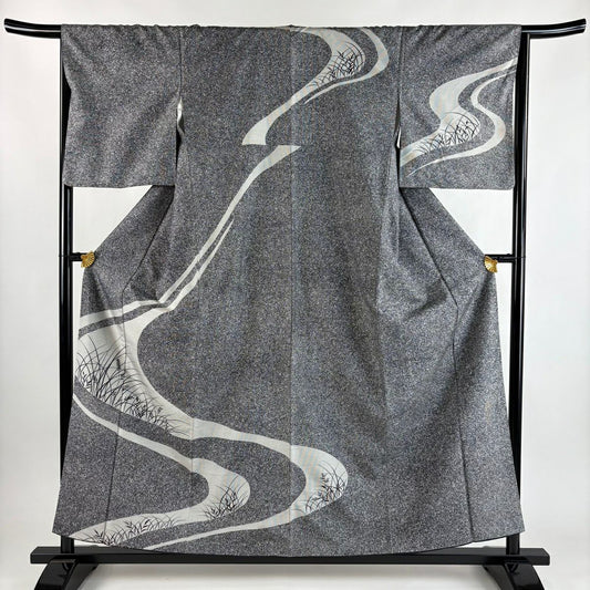 【美品】訪問服 身長157.5cm 袖長65.5cm M 雙層 紬織織 落款あり 草花紋紋 黑灰 純蠶絲 秀品級