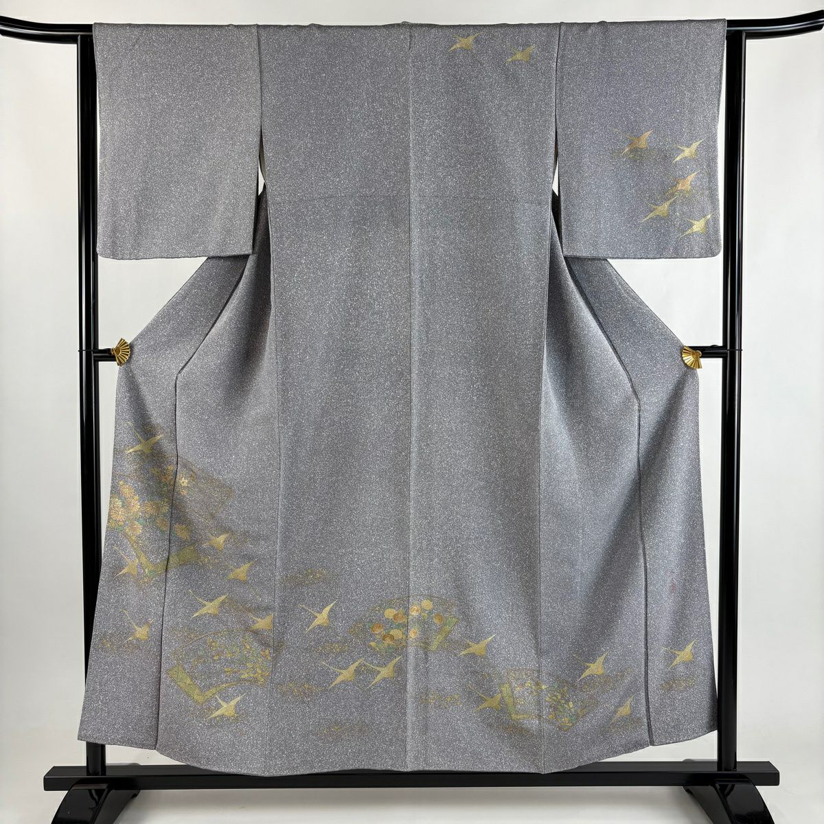 付下 身長154.5cm 袖長63cm S 雙層 落款 仙鶴 扇子面 金銀彩 灰 純蠶絲 秀品級