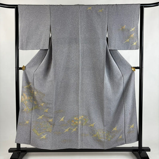 付下 身長154.5cm 袖長63cm S 雙層 落款 仙鶴 扇子面 金銀彩 灰 純蠶絲 秀品級