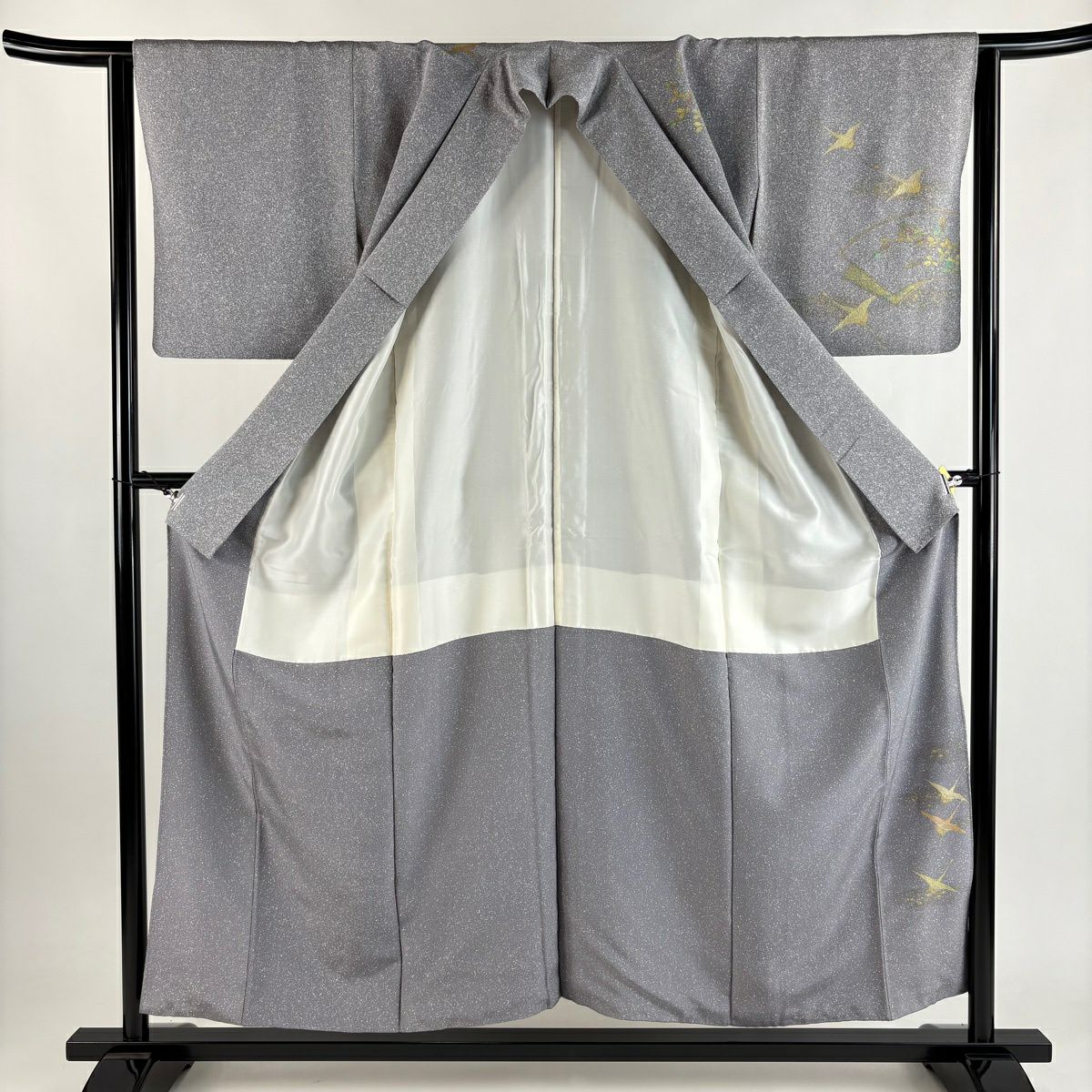 付下 身長154.5cm 袖長63cm S 雙層 落款 仙鶴 扇子面 金銀彩 灰 純蠶絲 秀品級