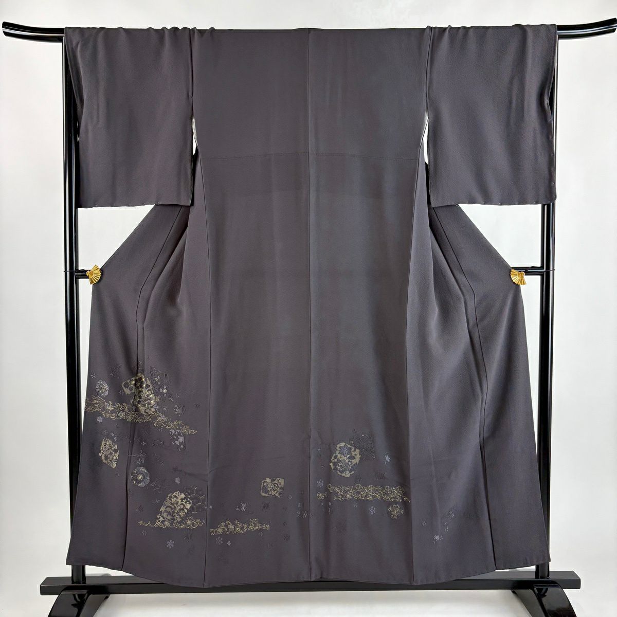付下 身長155.5cm 袖長68cm L 雙層 破れ色紙 草花紋紋 金糸刺繡 墨 純蠶絲 秀品級
