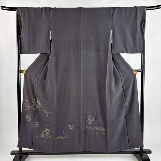 付下 身長155.5cm 袖長68cm L 雙層 破れ色紙 草花紋紋 金糸刺繡 墨 純蠶絲 秀品級