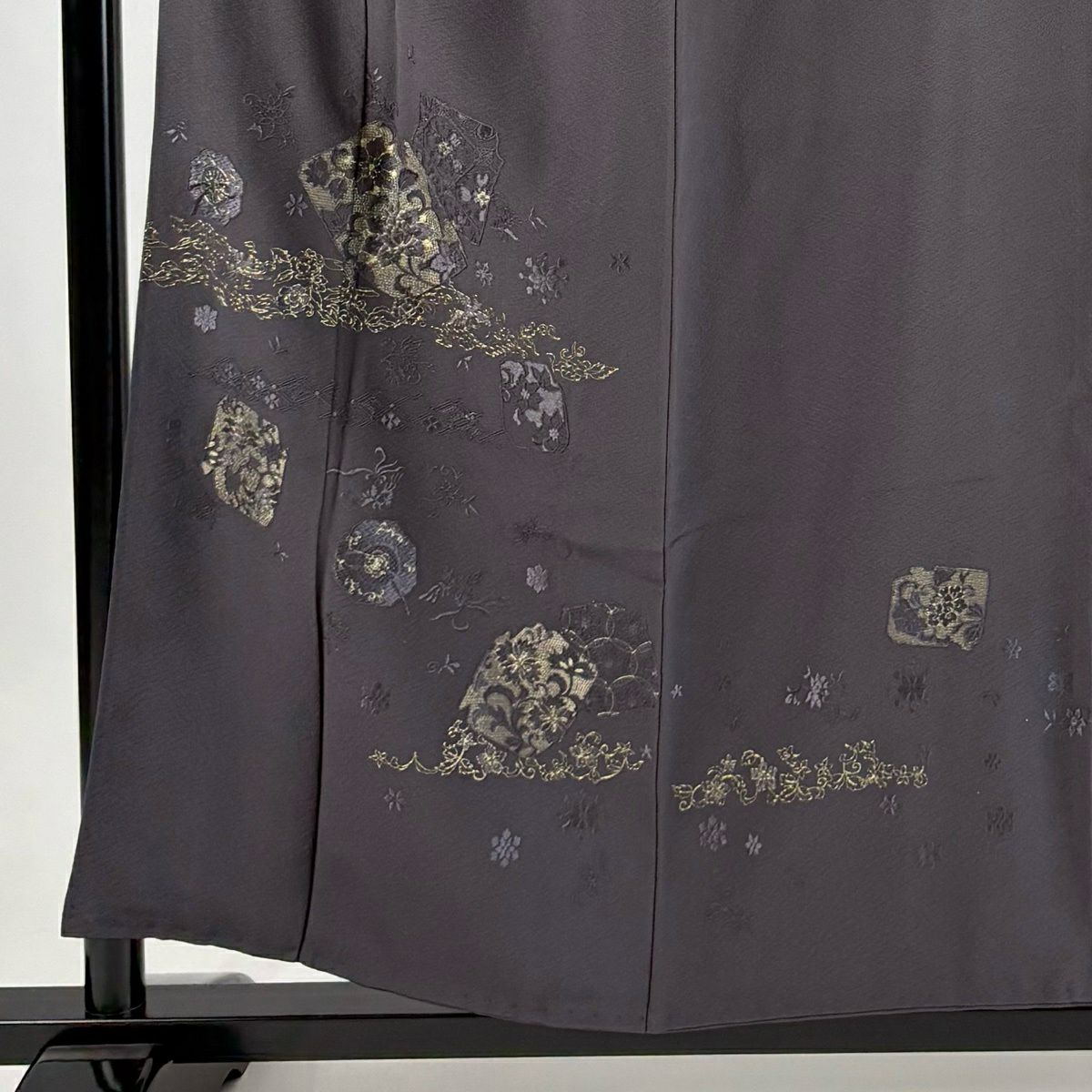 付下 身長155.5cm 袖長68cm L 雙層 破れ色紙 草花紋紋 金糸刺繡 墨 純蠶絲 秀品級
