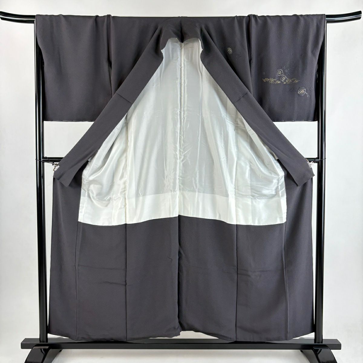 付下 身長155.5cm 袖長68cm L 雙層 破れ色紙 草花紋紋 金糸刺繡 墨 純蠶絲 秀品級