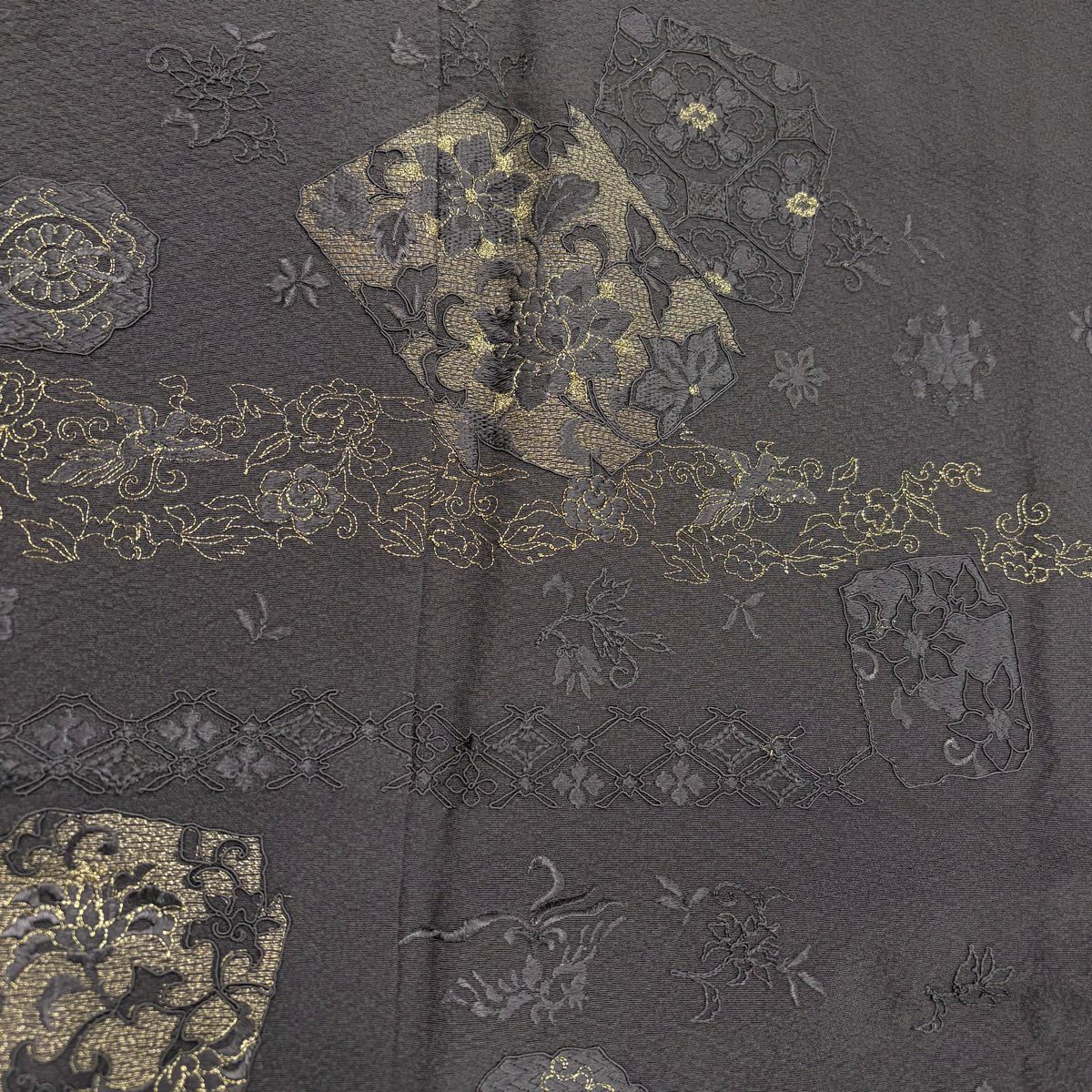 付下 身長155.5cm 袖長68cm L 雙層 破れ色紙 草花紋紋 金糸刺繡 墨 純蠶絲 秀品級