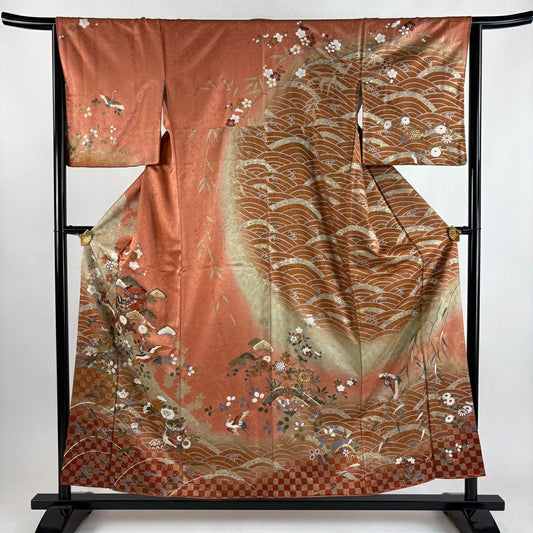 訪問服 身長155cm 袖長65cm M 雙層 貝桶 仙鶴 金絲 金銀彩 橙色 純蠶絲 秀品級