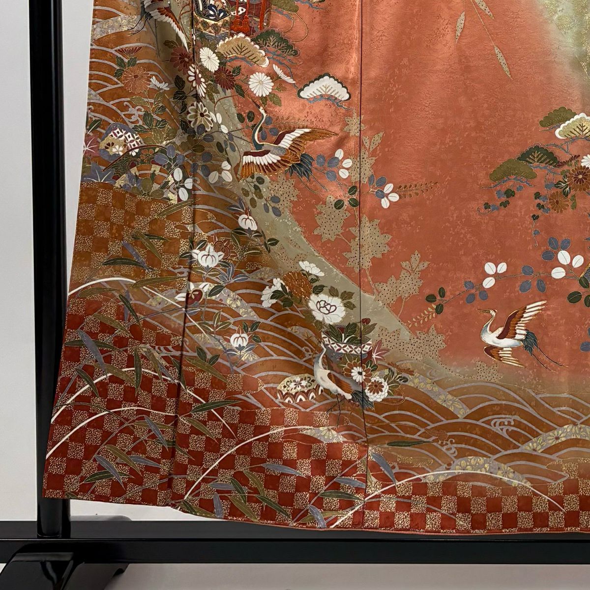 訪問服 身長155cm 袖長65cm M 雙層 貝桶 仙鶴 金絲 金銀彩 橙色 純蠶絲 秀品級