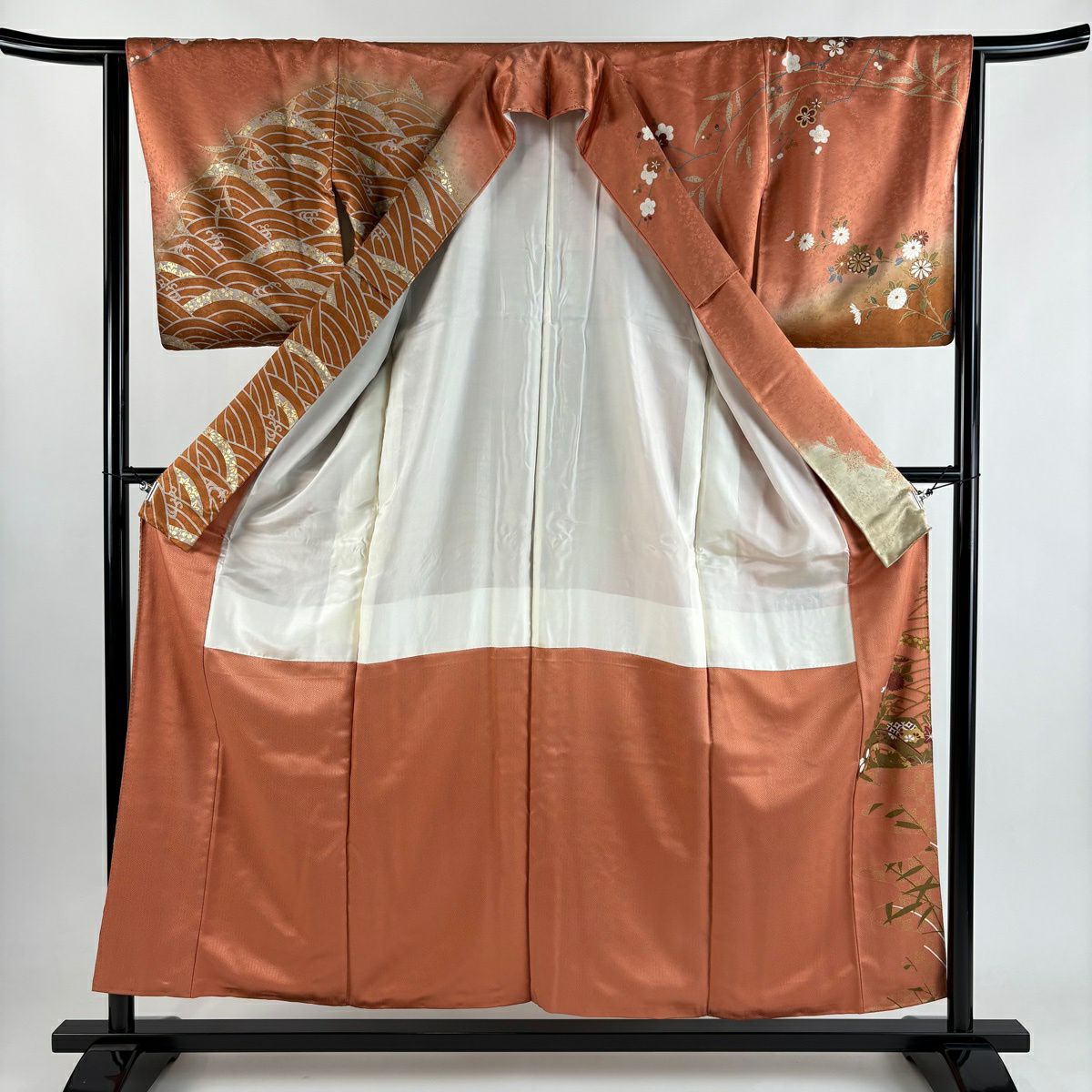訪問服 身長155cm 袖長65cm M 雙層 貝桶 仙鶴 金絲 金銀彩 橙色 純蠶絲 秀品級